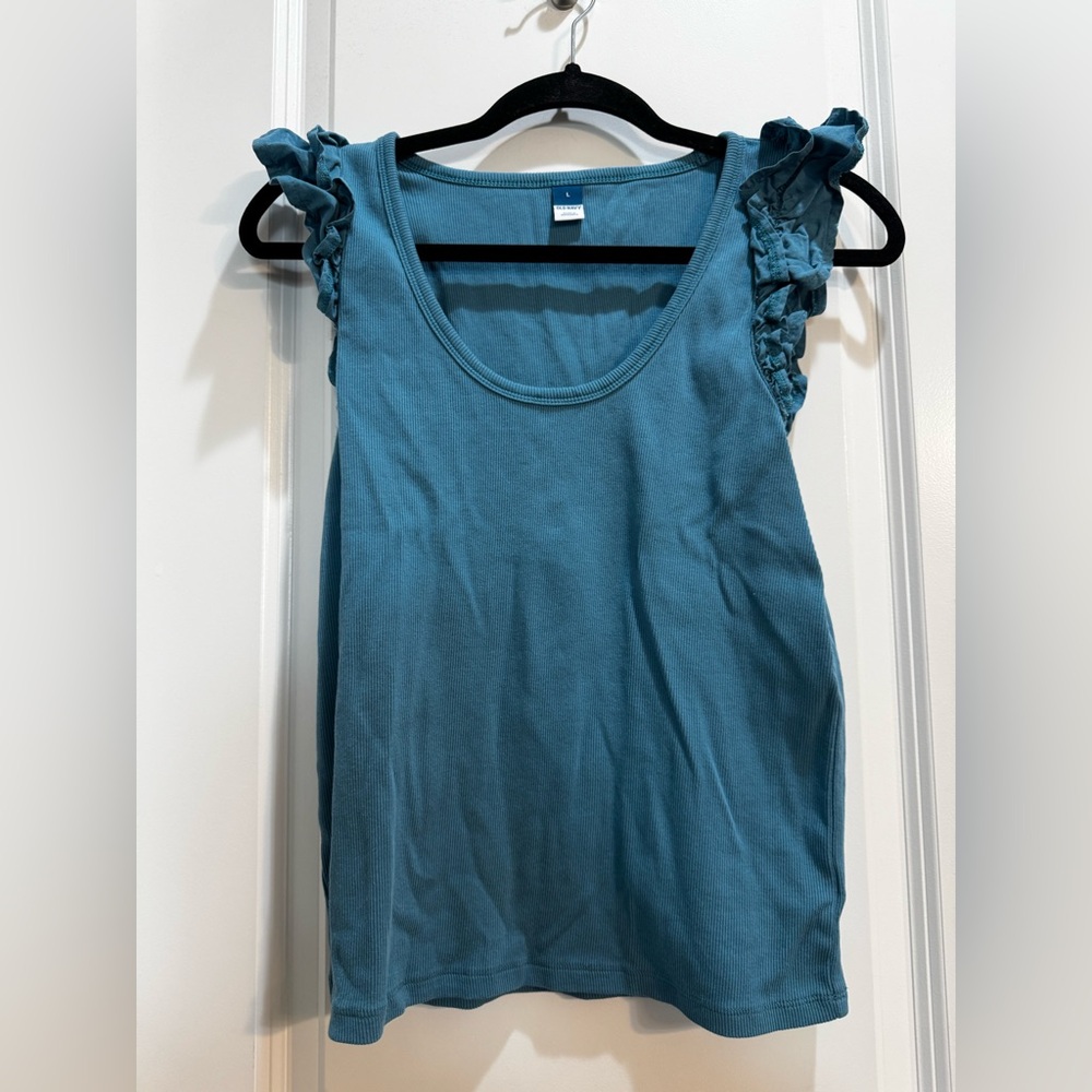 Old Navy Blue Sleeveless Tank Top Large Ruffled Sleeves Armpit To Armpit 18”